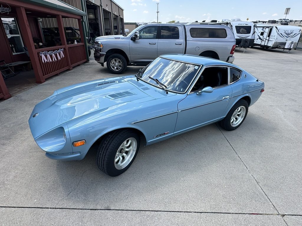 Restored 1977 Datsun 280Z in light blue with a deep gloss AeroArmor Paint Shield finish at Patriots RV Services, Krum, Texas
