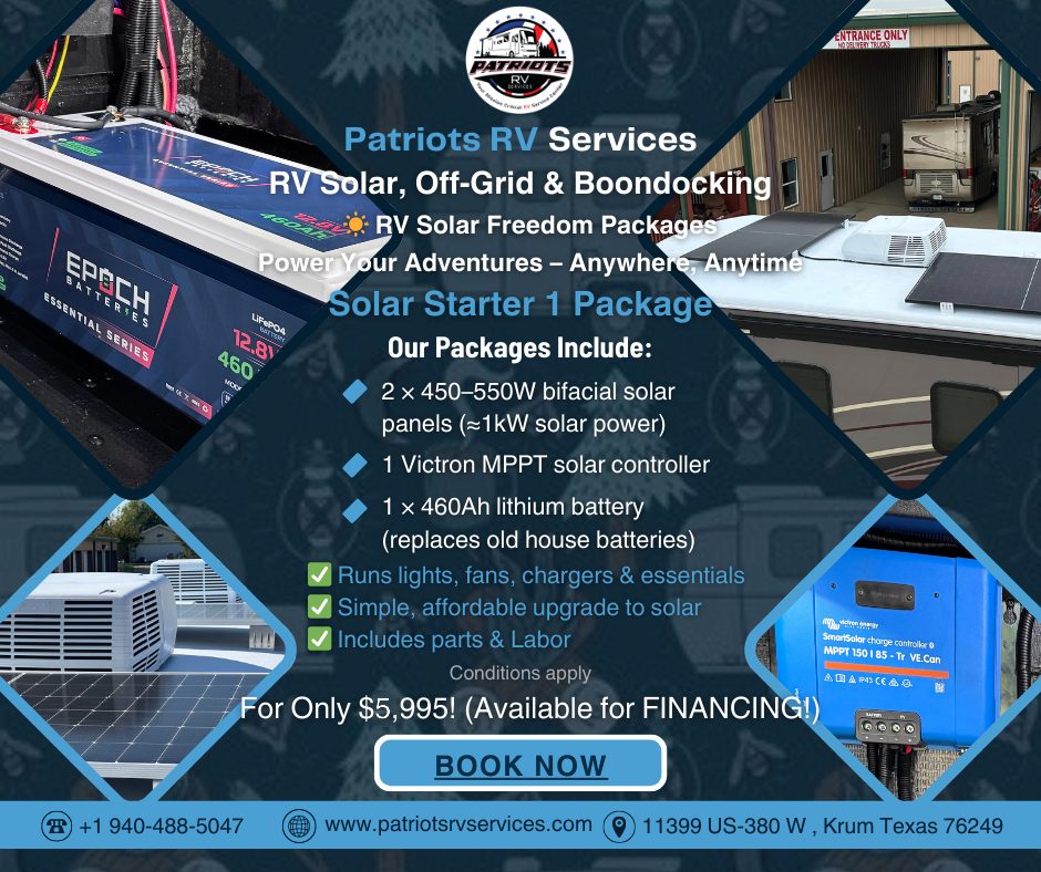 Patriots RV Services Solar Starter 1 Package — 2 bifacial solar panels, Victron MPPT controller, 460 Ah lithium battery, $5,995 installed
