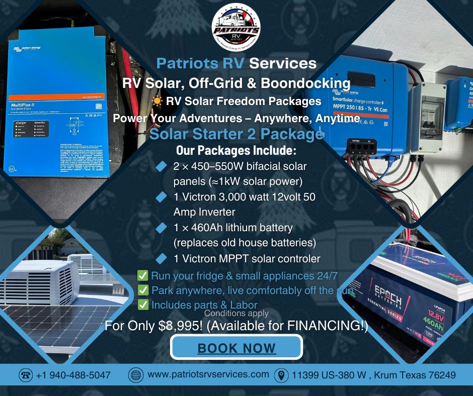 Patriots RV Services Solar Starter 2 Package — 2 bifacial solar panels, Victron 3,000 W inverter, 460 Ah lithium battery, Victron MPPT controller, $8,995 installed