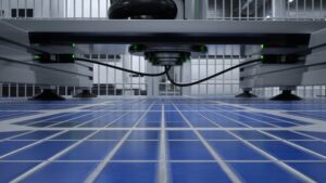 POV of solar panel placed on conveyor belt, operated by robotic arm, moving around facility, 3D rendering. Close up shot...