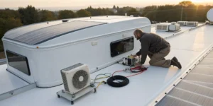 Technician troubleshooting a Dometic RV air conditioner on a roof with tools.