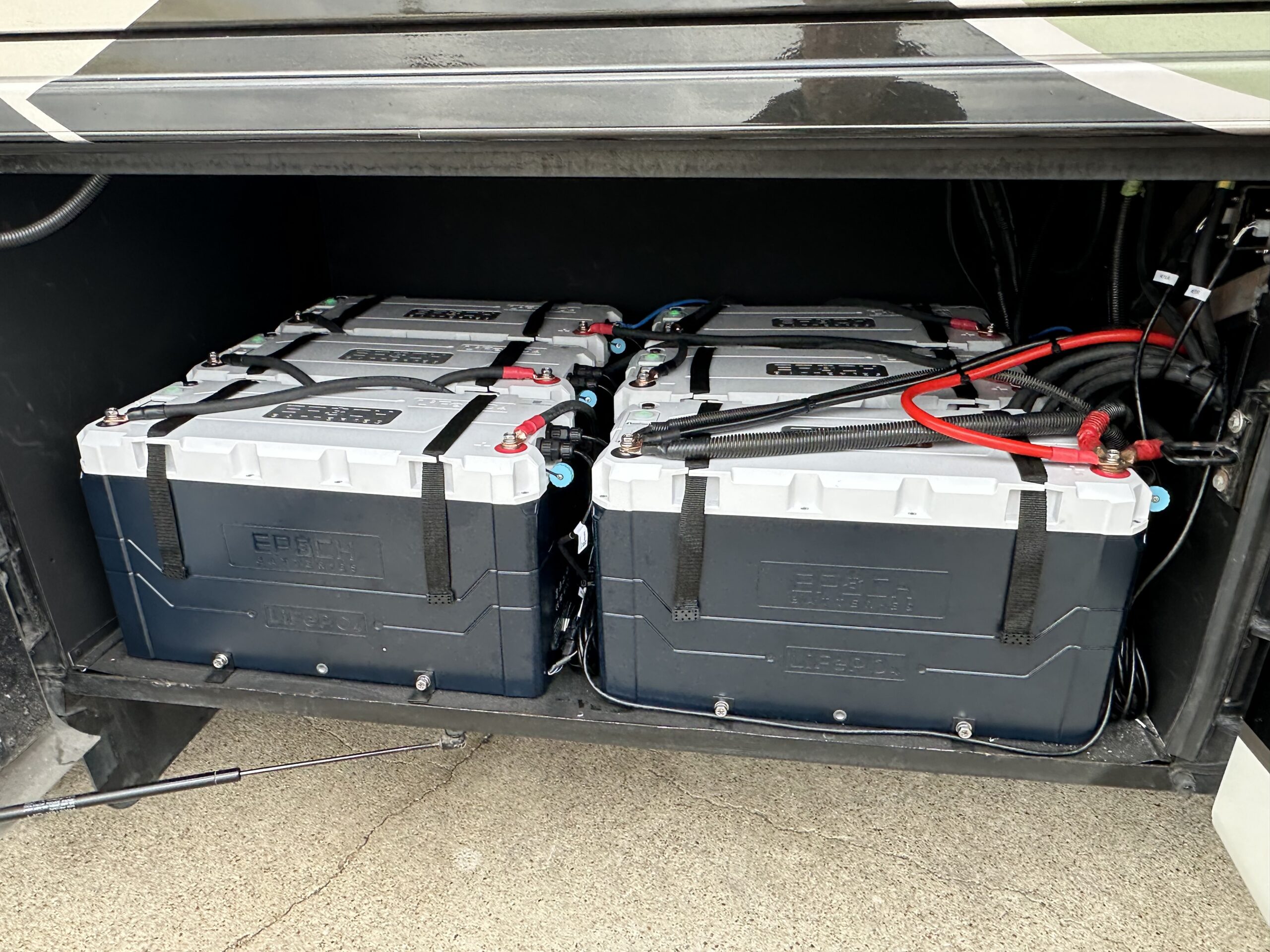 Epoch LiFePO4 lithium battery bank installed in RV basement by Patriots RV Services