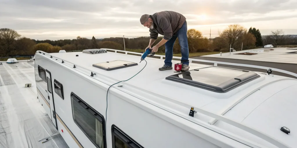 Man applying sealant with a caulking gun to fix a leaking RV roof.