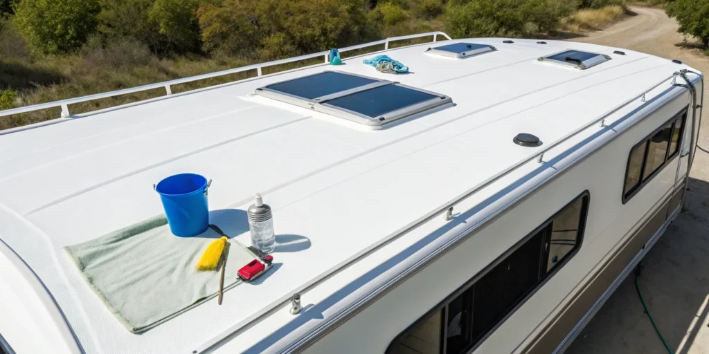 A motorhome roof with cleaning supplies ready for the sealing process.