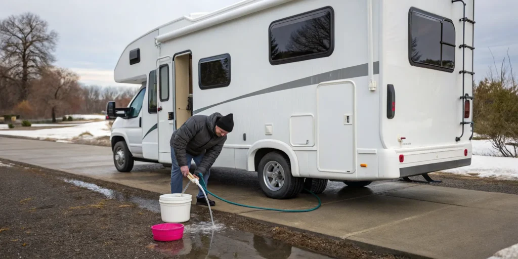 A man drains the water system of a motorhome with a hose to winterize it.