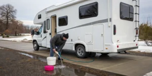 A man drains the water system of a motorhome with a hose to winterize it.