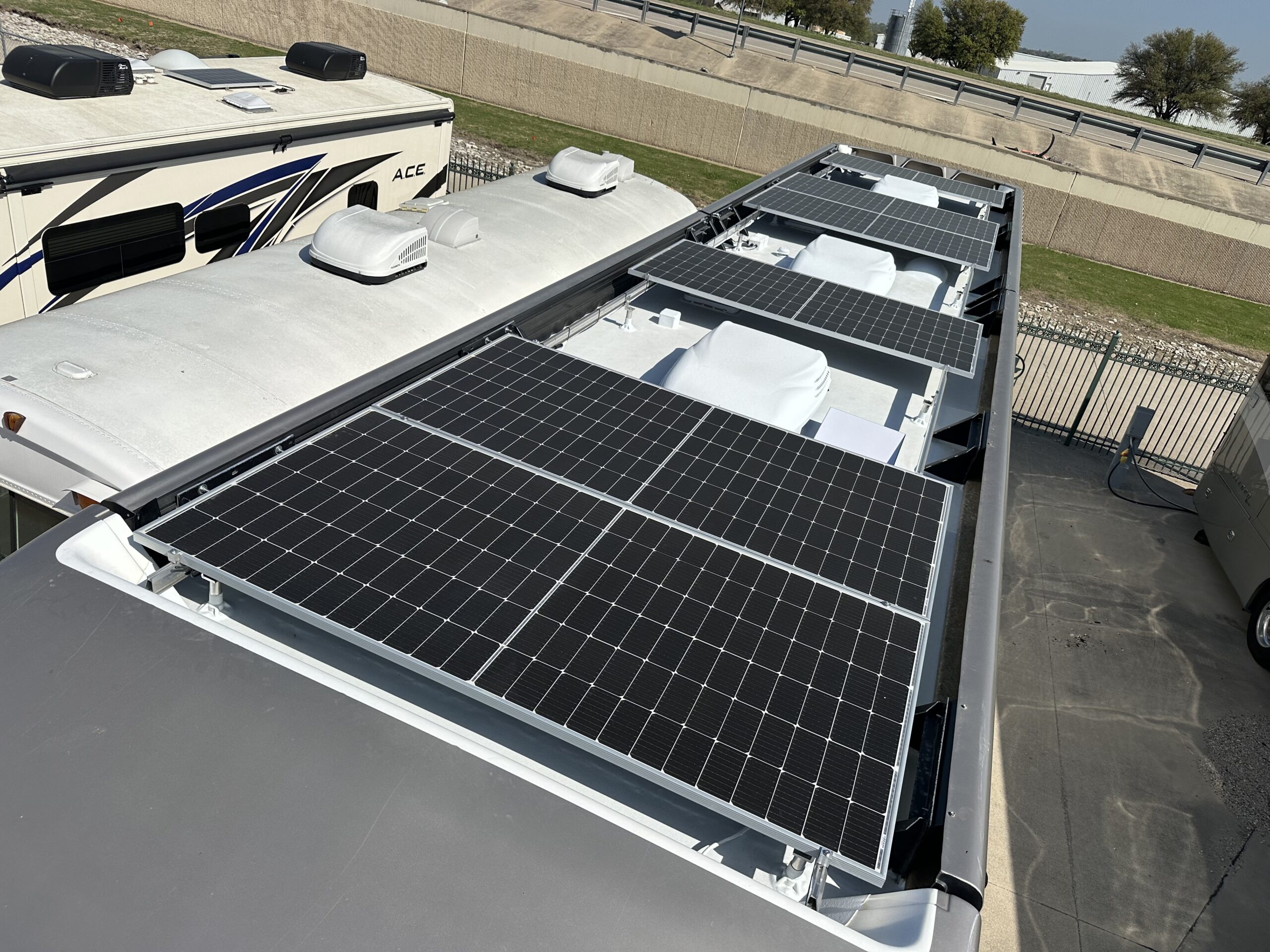 Full rooftop solar panel array installed by Patriots RV Services