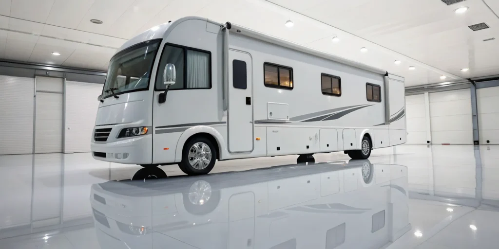 A motorhome being prepared for winter storage using a winterizing checklist.