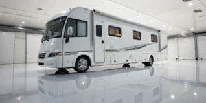 A motorhome being prepared for winter storage using a winterizing checklist.