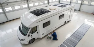 Applying the best motorhome roof sealant to the seams of an RV roof.