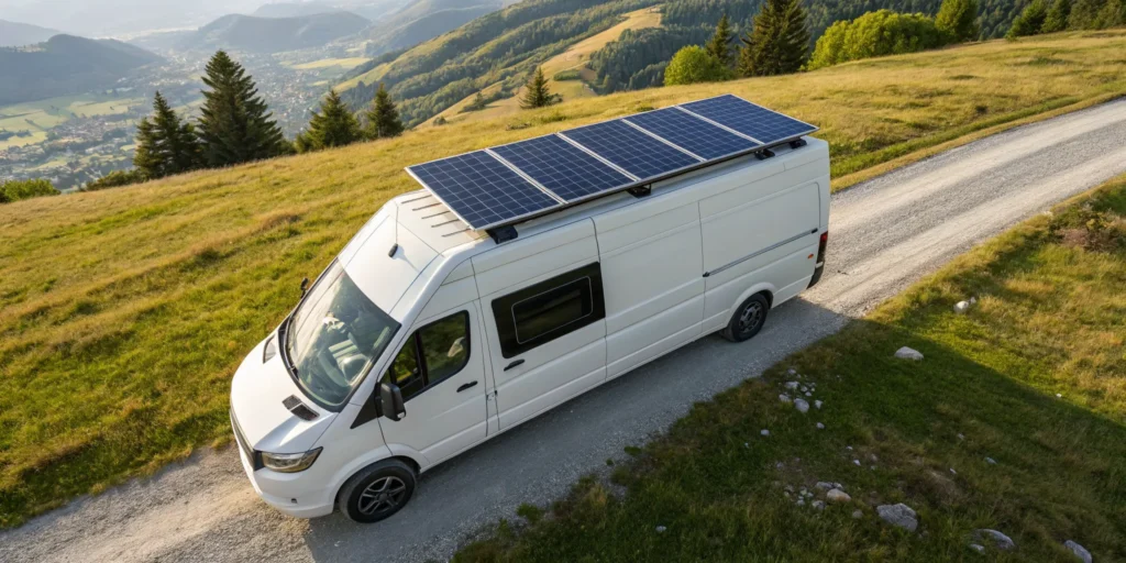 The best rigid solar panels for a campervan installed on the roof of a white van.