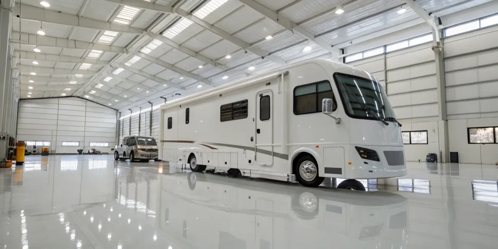 A motorhome inside an RV collision repair shop to determine the repair cost.
