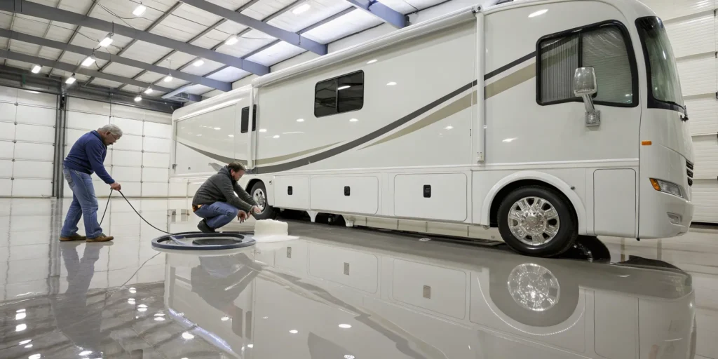 Professionals providing the best RV wash and wax service for a large motorhome in a detailing bay.