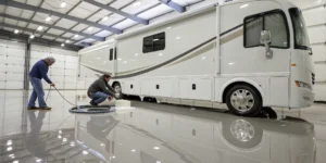 Professionals providing the best RV wash and wax service for a large motorhome in a detailing bay.