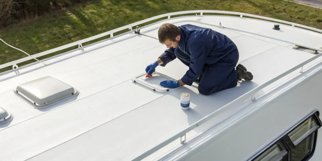 Man showing how to fix a leaky motorhome roof by applying new sealant around a vent.