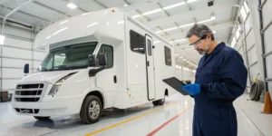 Technician inspecting RV collision damage to provide an accurate repair estimate.