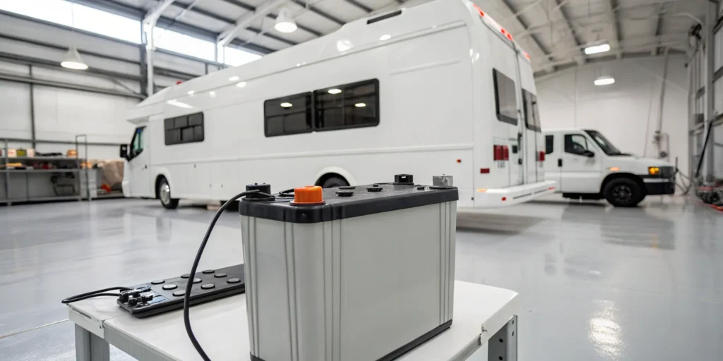 A lithium RV battery on a table, a major factor in the total cost of an RV power upgrade.