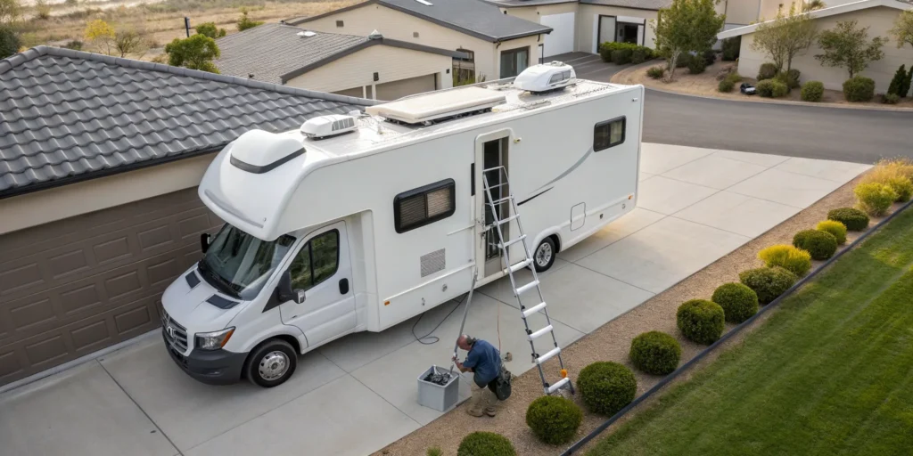 Man on a ladder troubleshooting why his motorhome AC is not cooling.