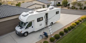 Man on a ladder troubleshooting why his motorhome AC is not cooling.