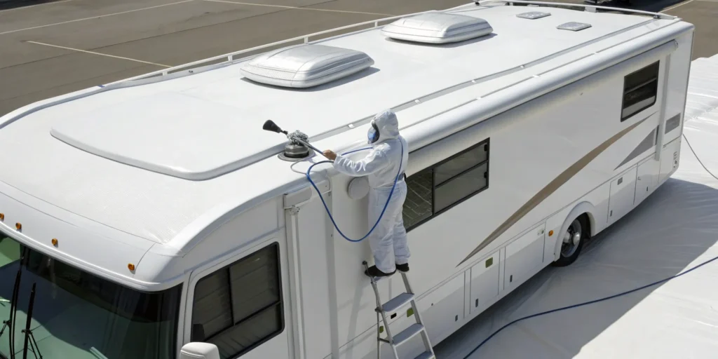 A professional sprays a seamless polyurea coating on an RV roof for permanent waterproof protection.