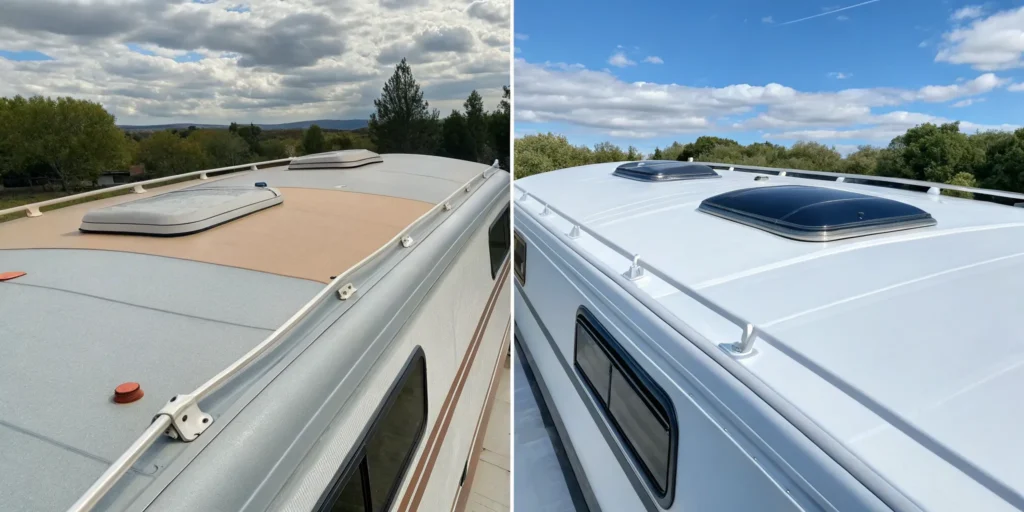Polyurea vs silicone RV roof coating finishes on a camper roof.