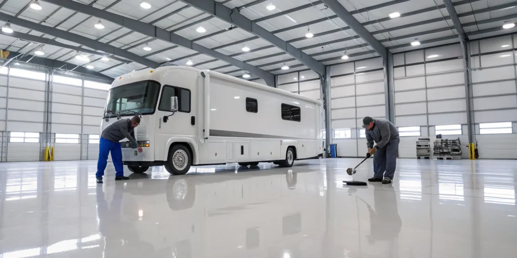 Technicians performing RV collision repair on a motorhome in a specialized shop.