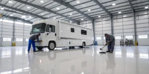 Technicians performing RV collision repair on a motorhome in a specialized shop.