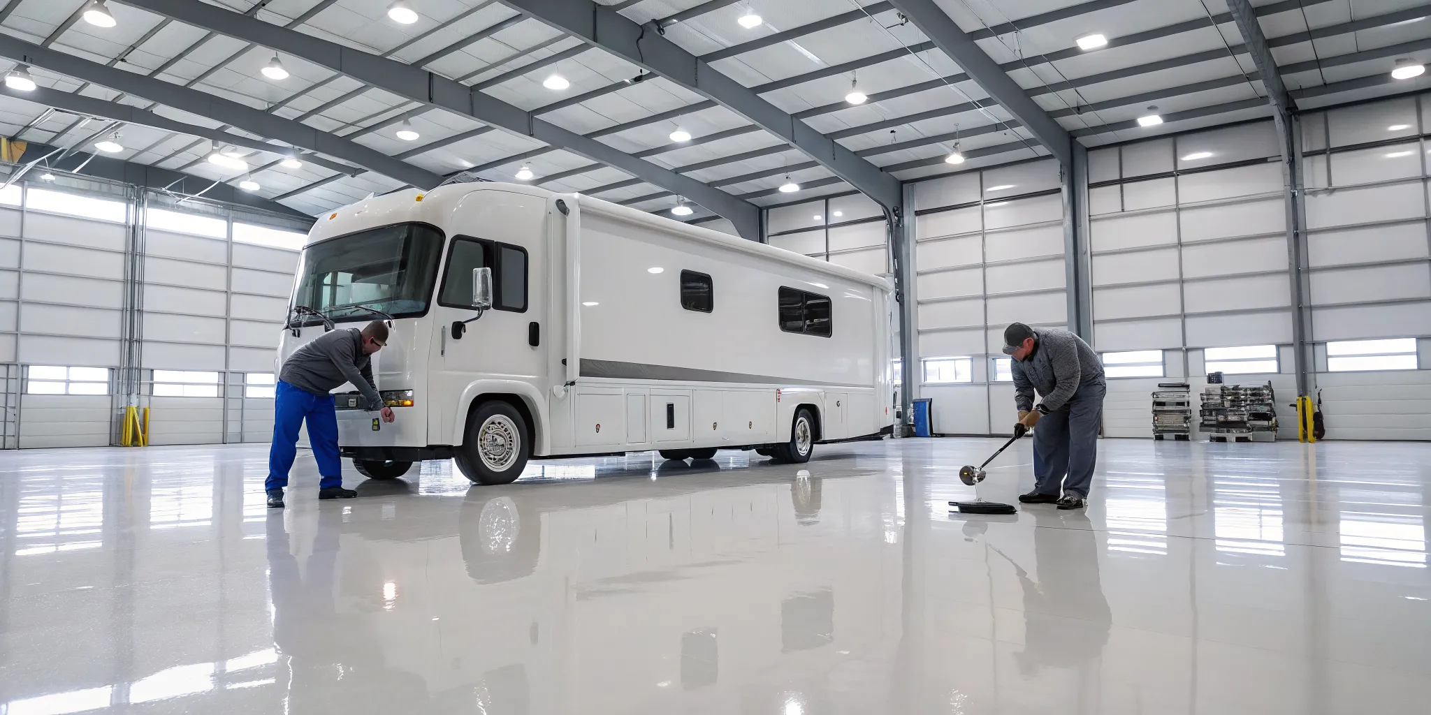 Technicians performing RV collision repair on a motorhome in a specialized shop