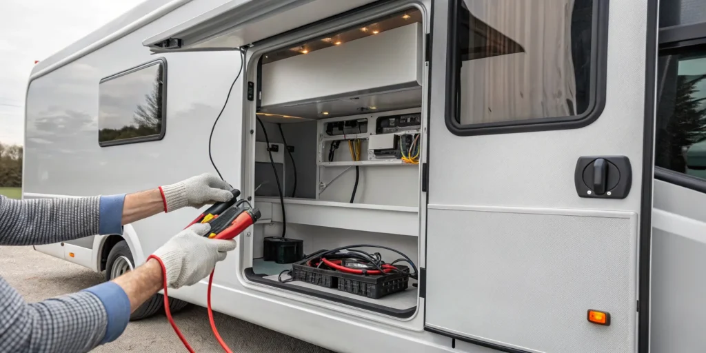 A person troubleshoots an RV converter not charging a battery with a multimeter.