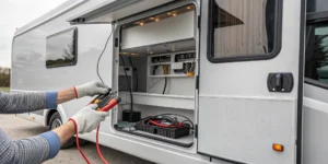 A person troubleshoots an RV converter not charging a battery with a multimeter.