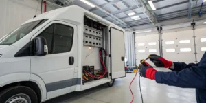 RV electrical system repair with a technician testing wiring and battery connections.
