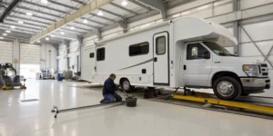 A technician performing an RV slide out motor replacement.