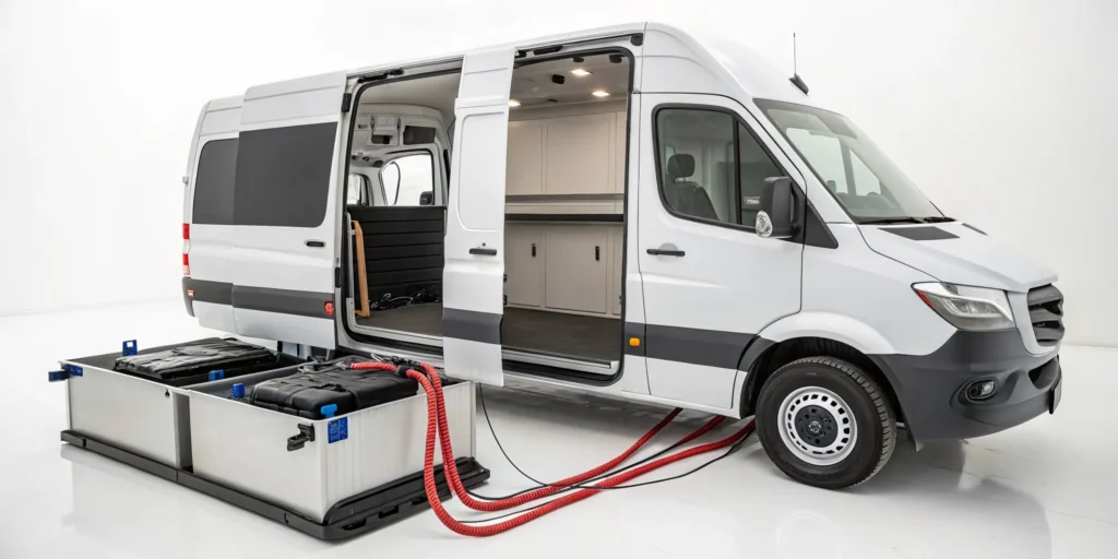 RV lithium battery upgrade showing the installed battery bank and wiring.