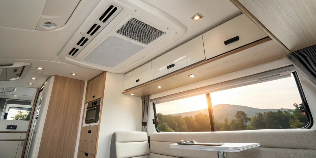 An RV AC unit on a ceiling, a key part to check when your RV AC is blowing warm air.