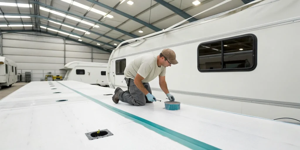 Man performing a DIY RV roof leak repair with sealant.