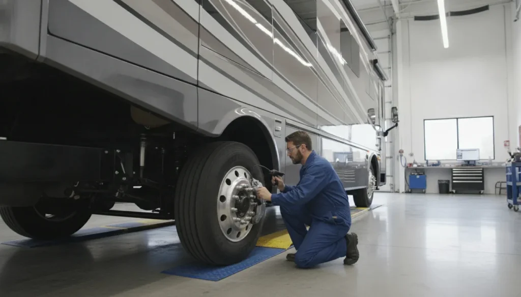 Technician inspecting a diesel motorhome brake system