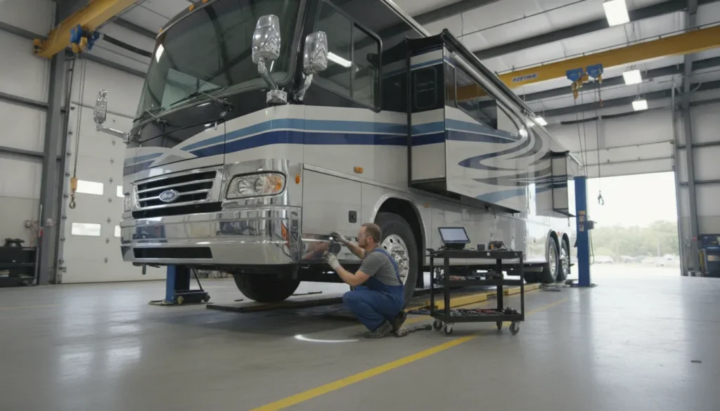 Technician inspecting a diesel motorhome suspension