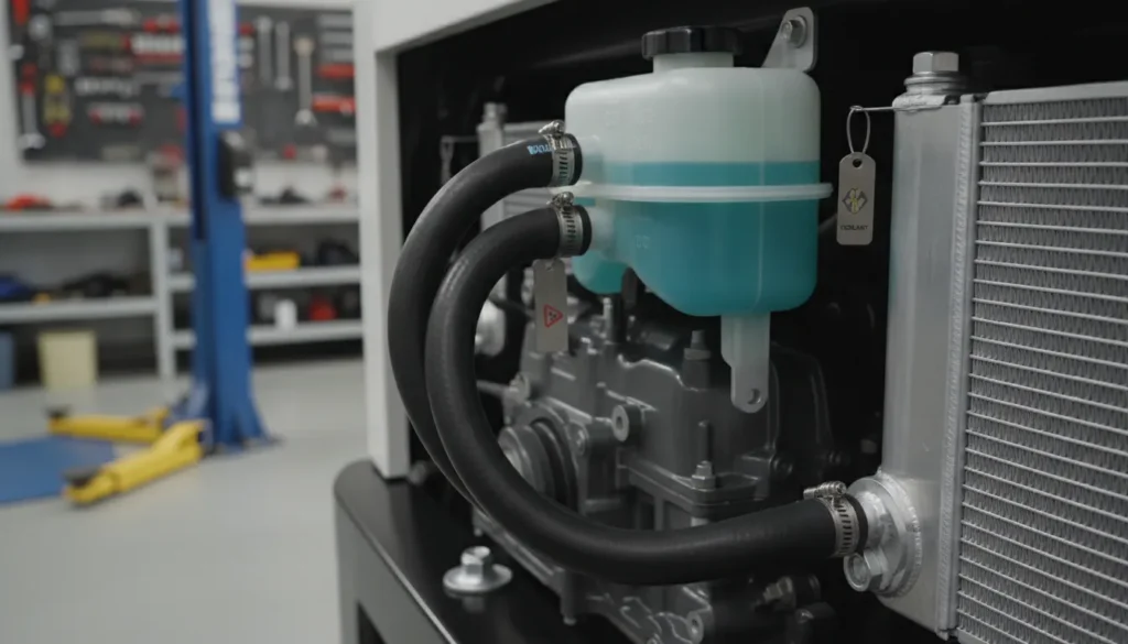 Close-up of a modern diesel motorhome engine coolant reservoir and radiator hoses