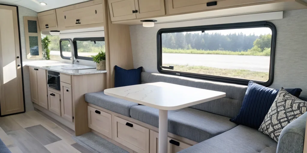 Modern RV dining area with DIY reupholstered furniture.