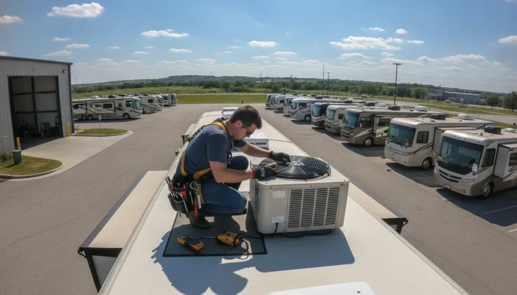 Technician inspecting a rooftop RV air conditioner