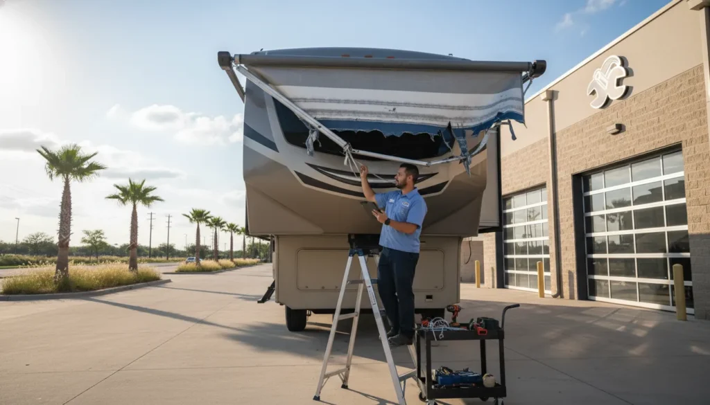 Technician inspecting a damaged RV awning