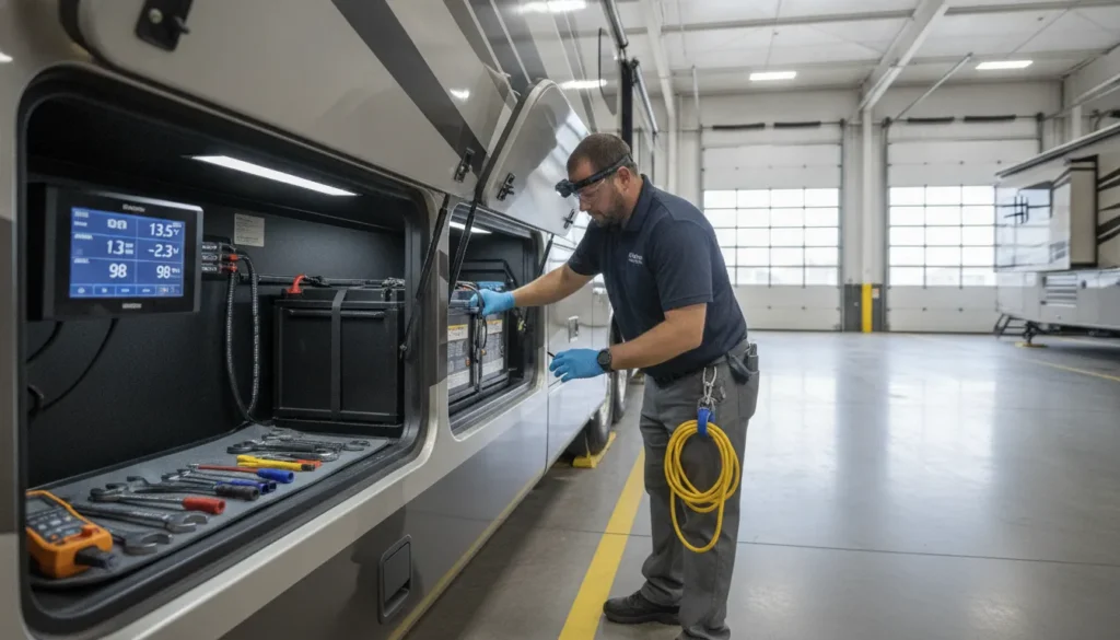 RV technician inspecting a clean RV battery compartment