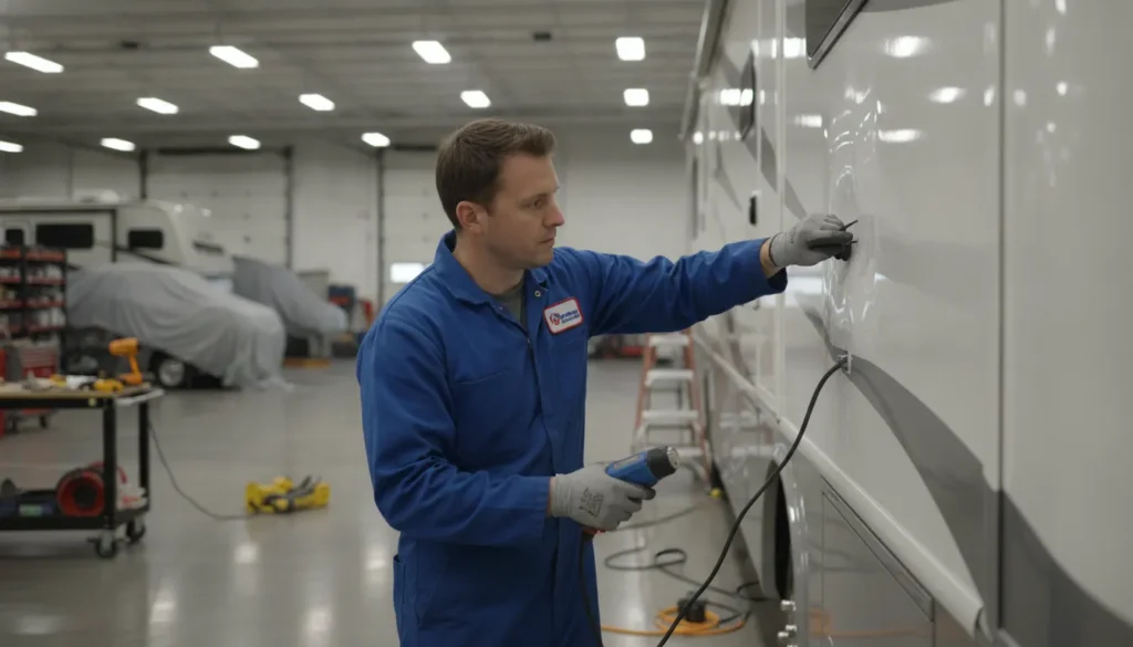 Technician inspecting an RV sidewall for RV fiberglass delamination repair