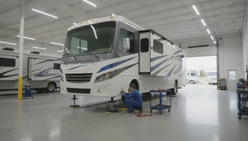 Technician inspecting motorhome leveling jacks in an RV service bay