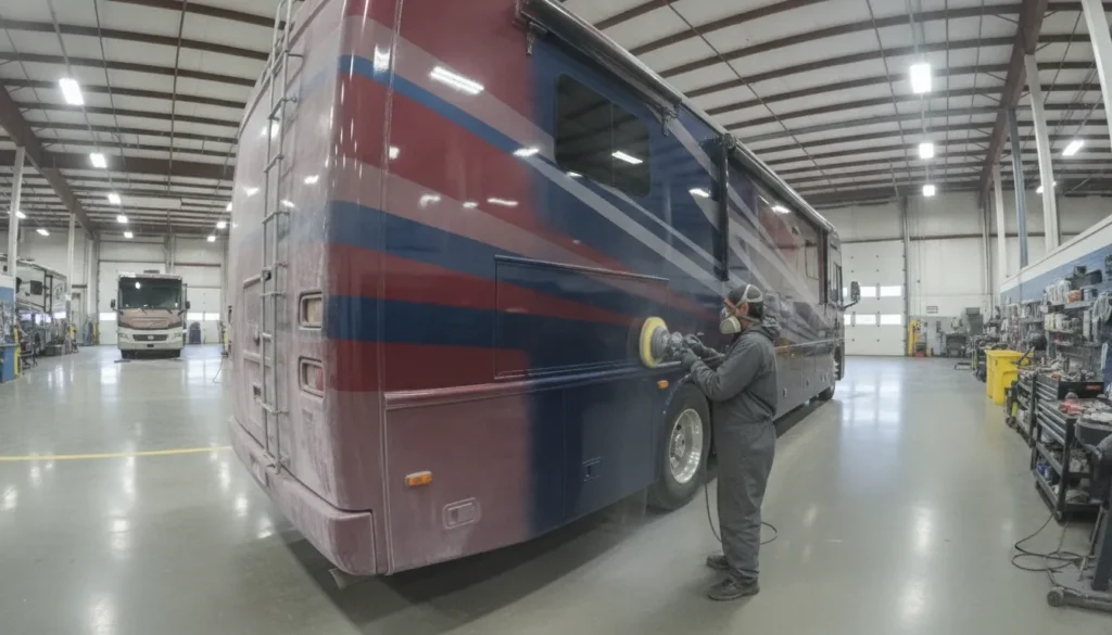 Technician restoring an oxidized motorhome paint finish