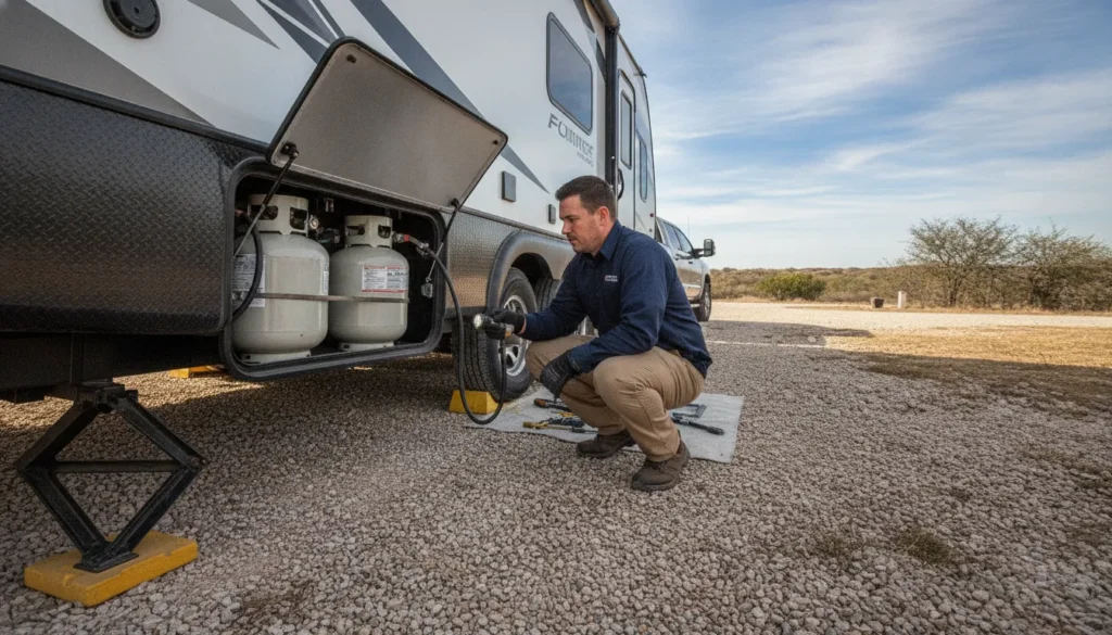 RV owner inspecting a propane cylinder compartment before travel