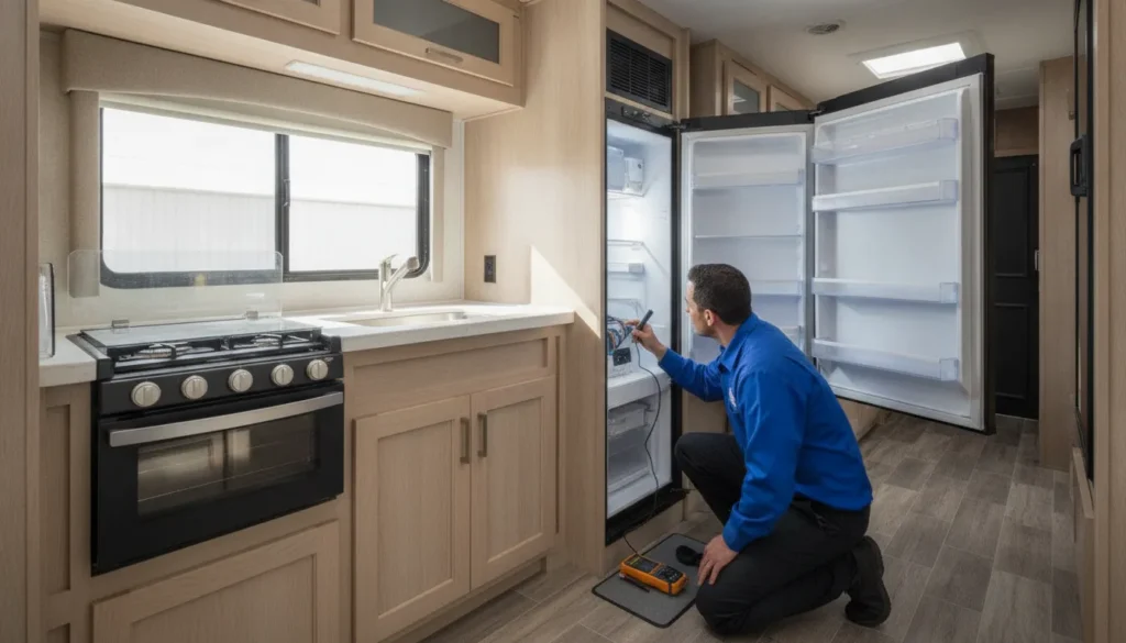 Technician inspecting an RV refrigerator