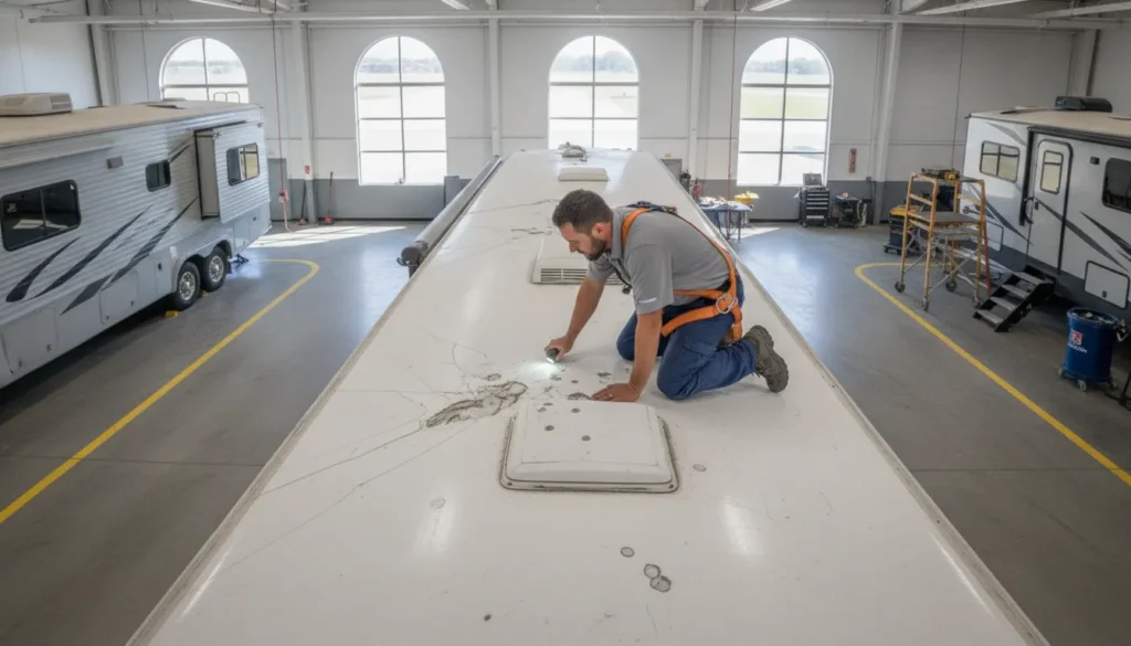 Technician completing an RV roof inspection in North Texas