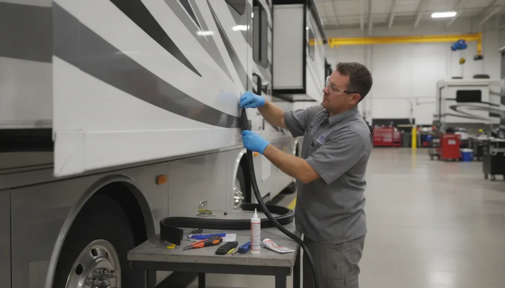 Technician inspecting an RV slide-out seal