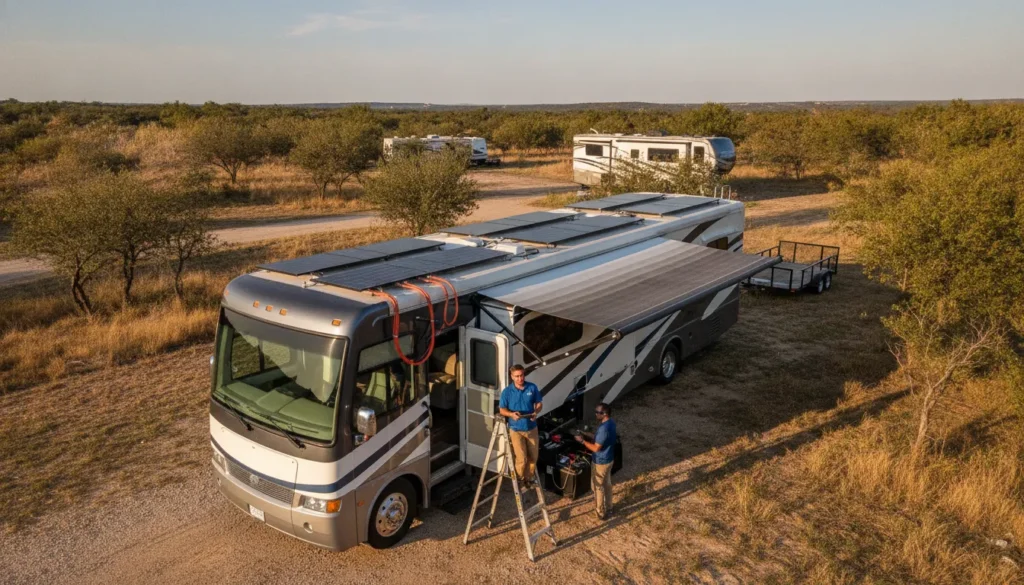 Motorhome with rooftop solar panels illustrating RV solar installation cost factors